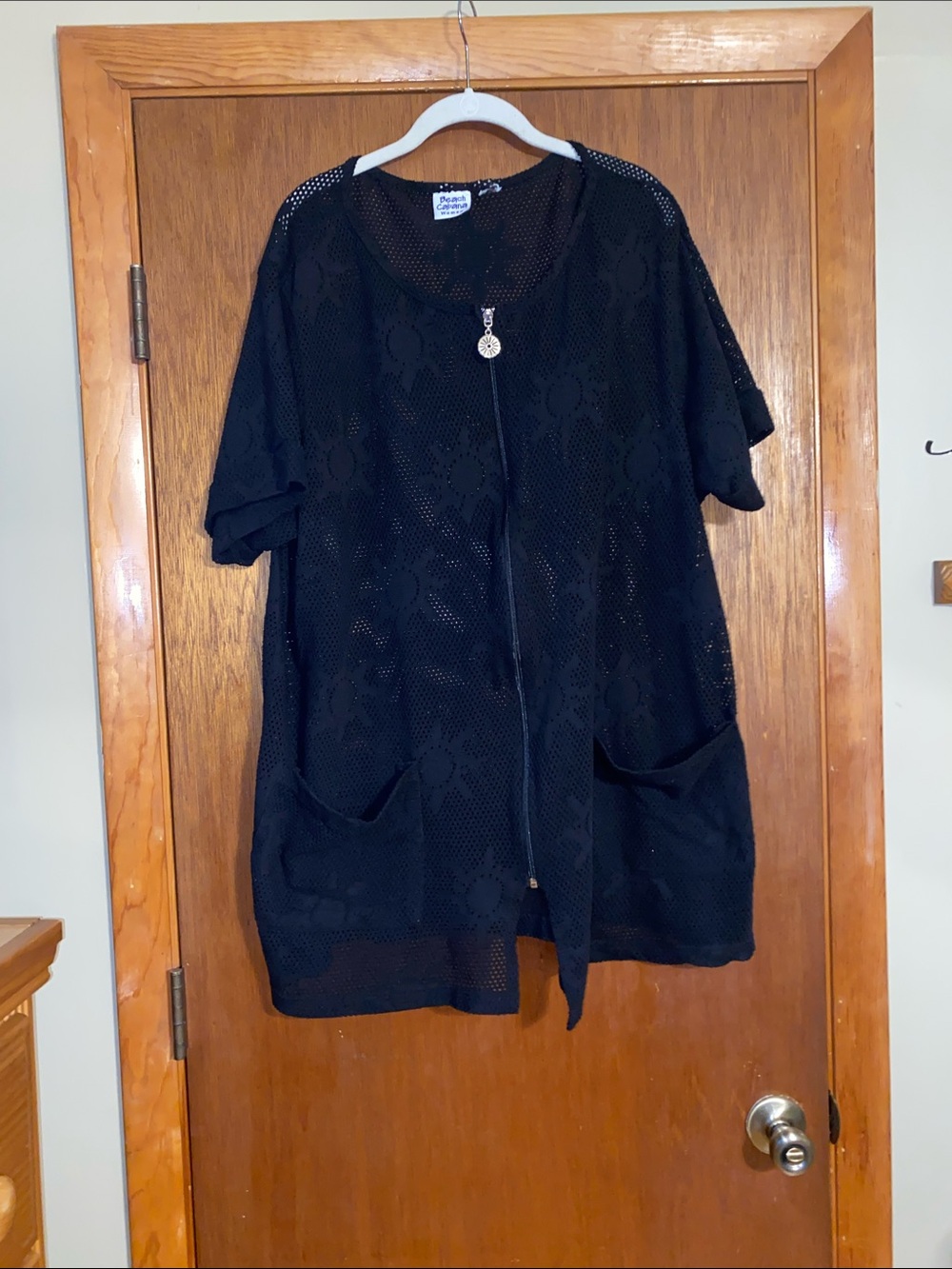 Beach Cabana Black Crochet Zip Front Cardigan 2X Size 27” Pit To Pit 33”L